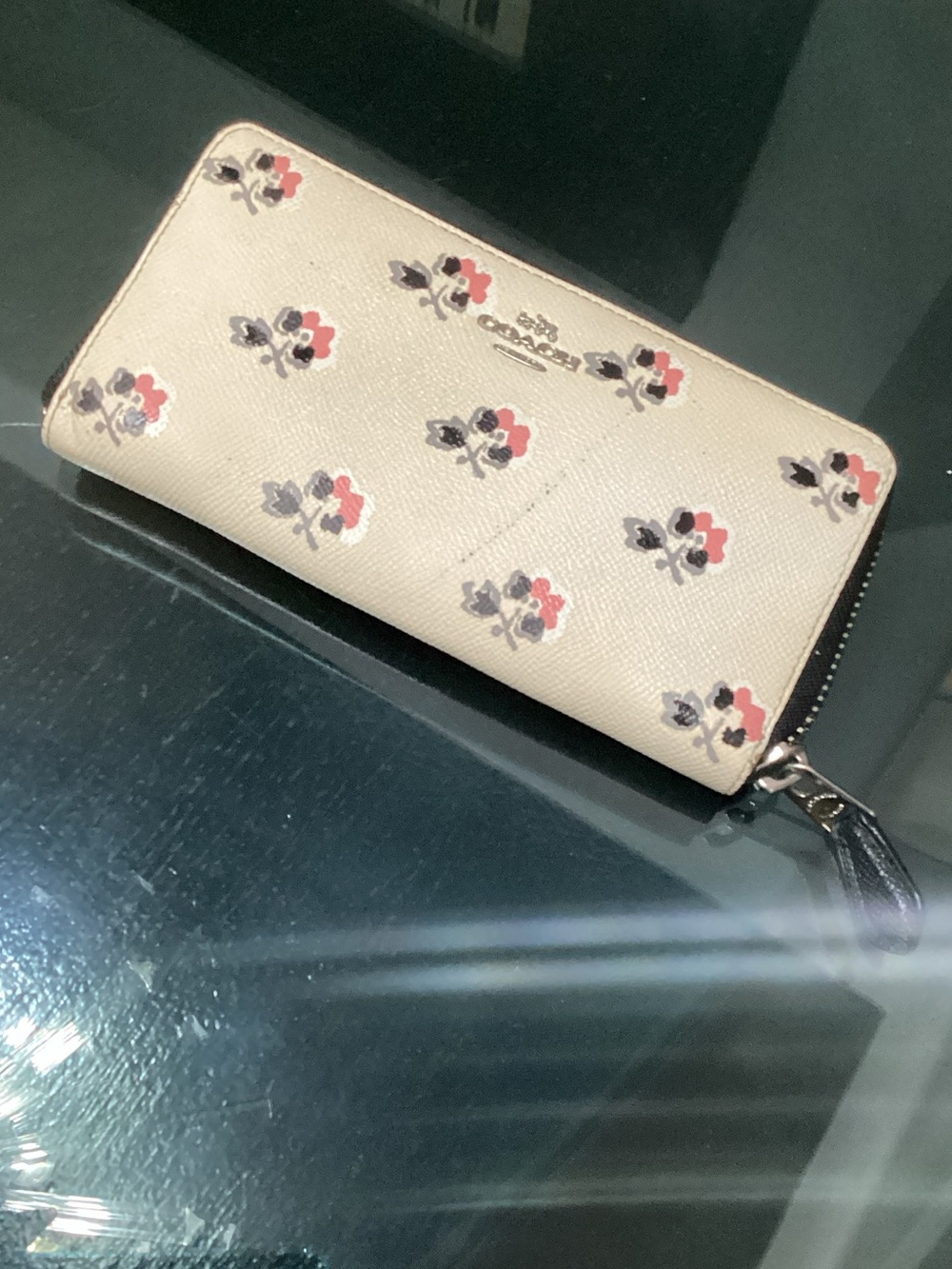 Coach Cream Floral Zip-Around Wallet with Pink and Gray Accents